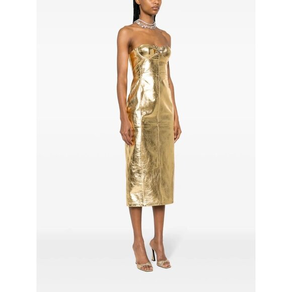 Blumarine Strapless Midi Dress in Gold 42 New Womens Leather Strapless - Picture 13 of 16